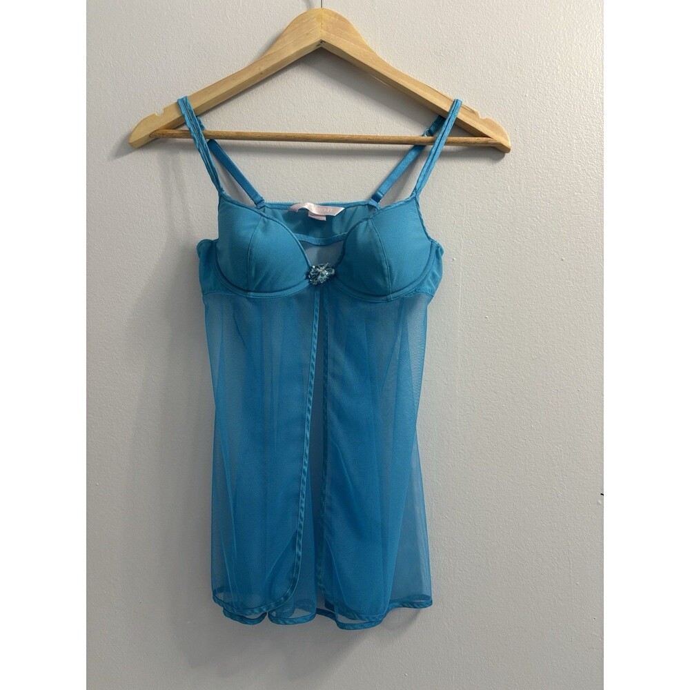 VTG Y2K Victoria Secret 34B Aqua Blue Mesh Sequin Babydoll Slip Cami Top 2003
